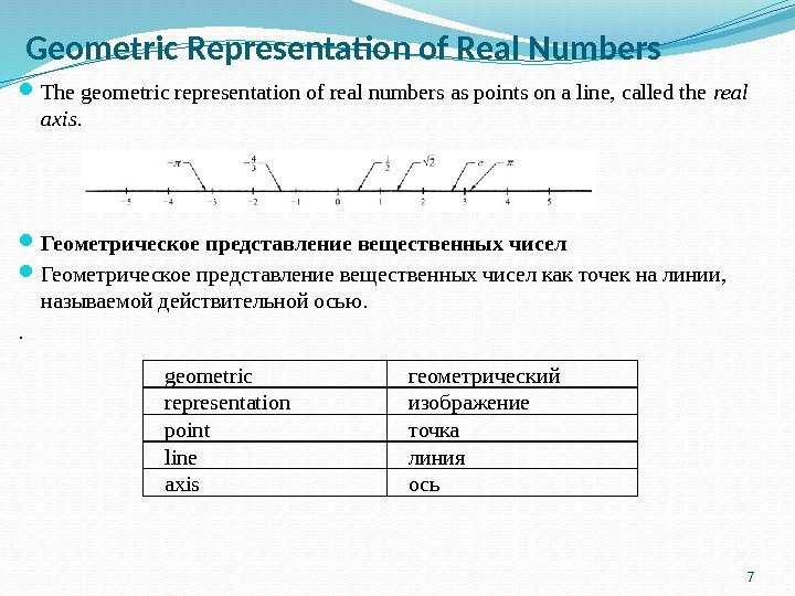 Geometric Representation of Real Numbers  The geometric representation of real numbers as points on a
