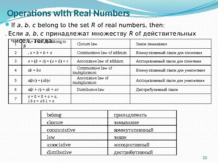 Operations with Real Numbers  If a ,  b ,  c belong to the