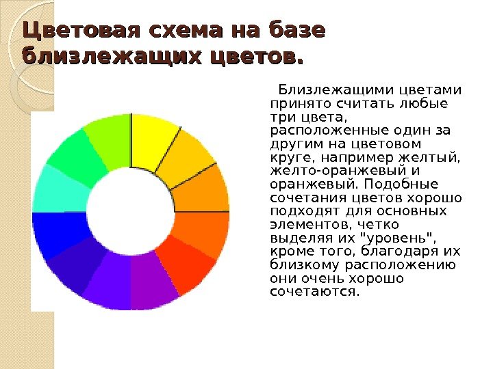 Цветовая схема на базе близлежащих цветов.  Близлежащими цветами принято считать любые три цвета,  расположенные