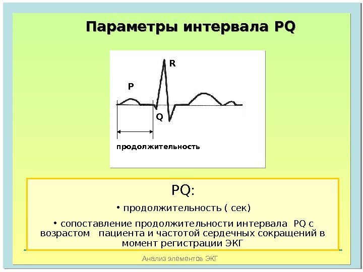 Анализ элементов ЭКГПараметры интервала PQ QP R продолжительность PQ :  •  продолжительность ( сек)