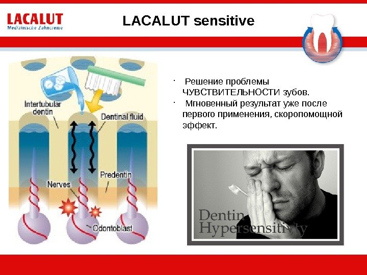 LACALUT sensitive •  Решение проблемы ЧУВСТВИТЕЛЬНОСТИ зубов.  •  Мгновенный результат уже после первого