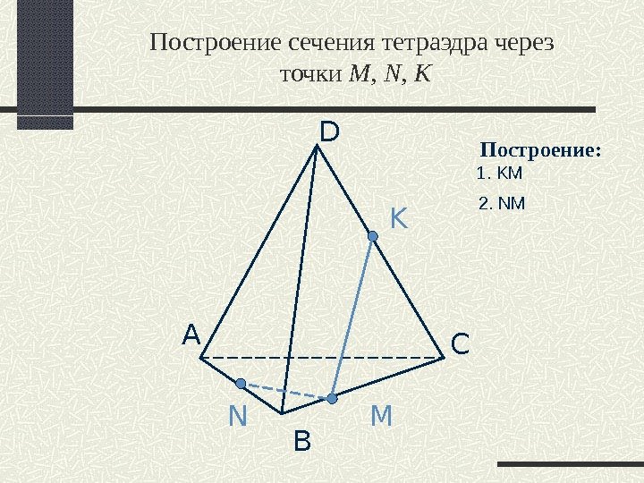Построение сечения тетраэдра через точки M, N, K А B D C N M K Построение: