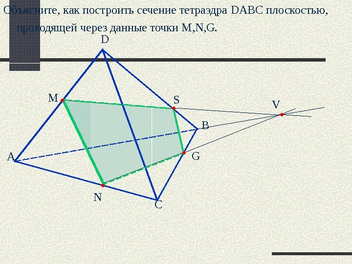 А D B CNM S V  GОбъясните, как построить сечение тетраэдра DABC плоскостью, проходящей через