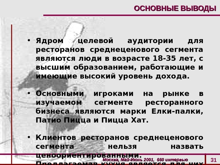 Москва, Май-Июнь 2001,  660 интервью 31 • Ядром целевой аудитории для ресторанов среднеценового сегмента являются