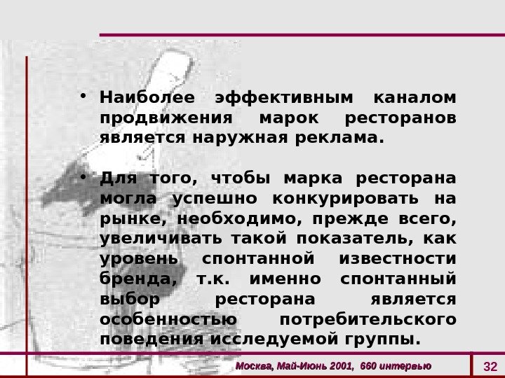 Москва, Май-Июнь 2001,  660 интервью 32 • Наиболее эффективным каналом продвижения марок ресторанов является наружная