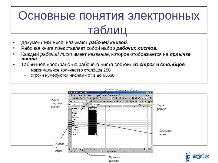 Основные понятия электронных таблиц  • Документ MS Excel называют рабочей книгой.  • Рабочая книга