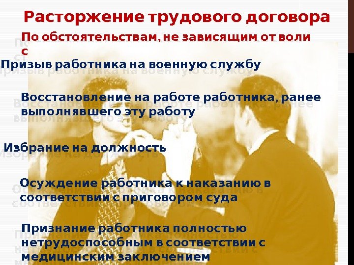 Не зависящим от воли сторон. Осуждение работника. Не избрание на должность зависящее от воли сторон. Презентация призыв сотрудников подработать. Призыва нет расторжение договора.