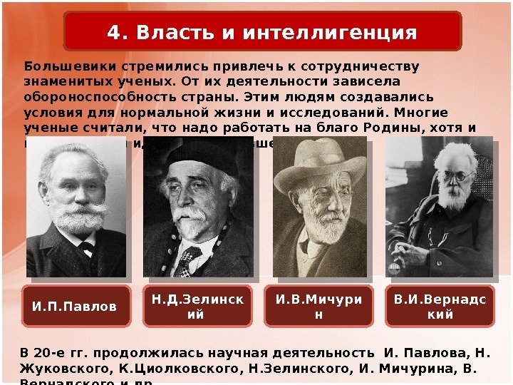 4. Власть и интеллигенция Большевики стремились привлечь к сотрудничеству знаменитых ученых. От их деятельности зависела обороноспособность