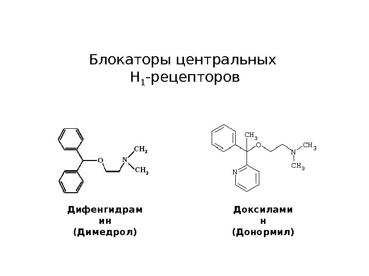 Блокаторы центральных Н 1 -рецепторов Дифенгидрам ин (Димедрол) Доксилами н (Донормил) 