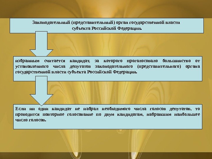  Законодательный (представительный) орган государственной власти субъекта Российской Федерации. избранным считается кандидат,  за которого проголосовало