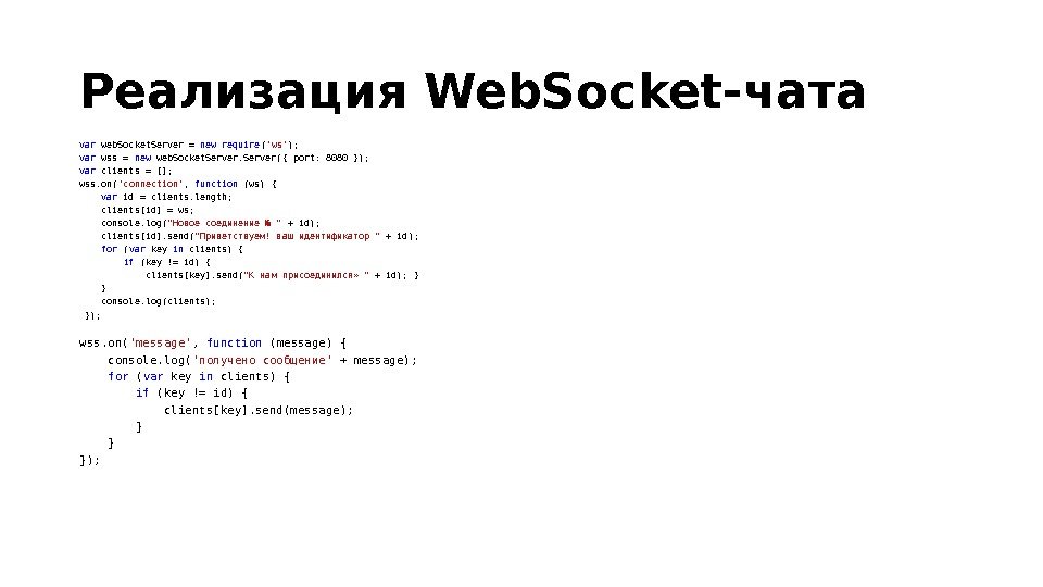 Реализация Web. Socket-чaтa var web. Socket. Server = new  require ( 'ws' );  var