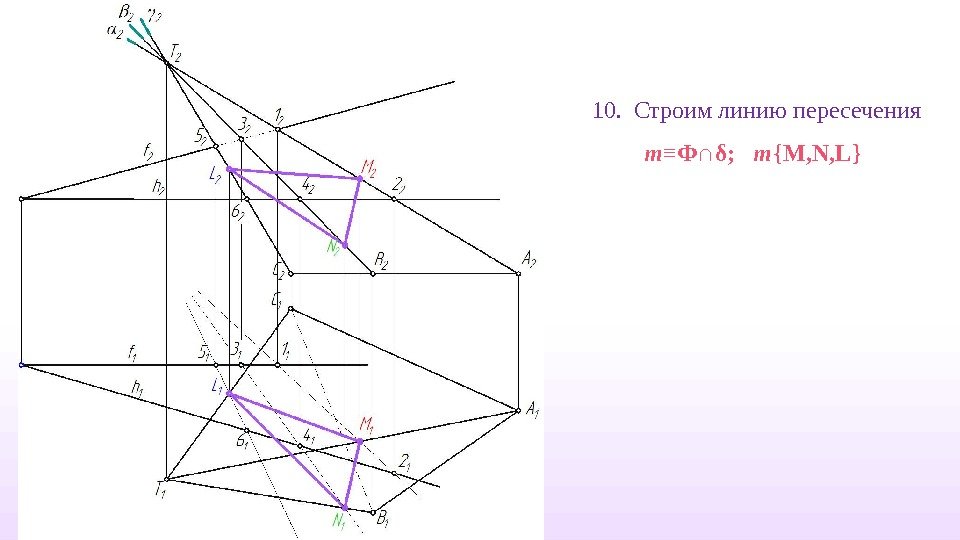 10.  Строим линию пересечения m ≡ Ф ∩ δ; m { M, N, L }