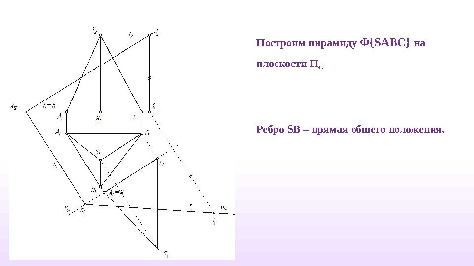 Построим пирамиду Φ{SABC} на плоскости П 4. Ребро SВ – прямая общего положения. 