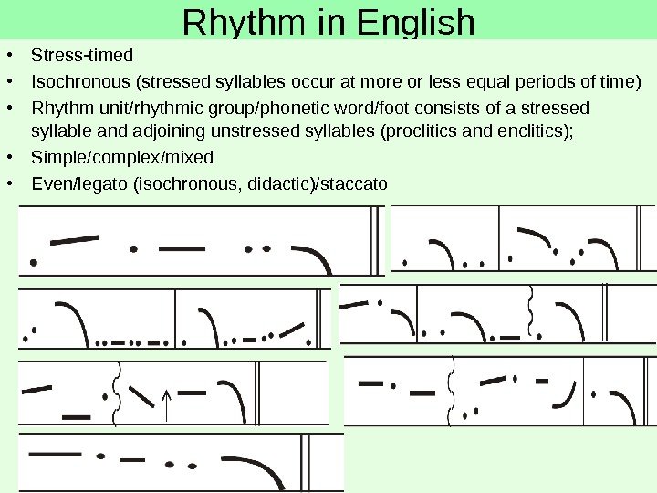 Rhythm in English • Stress-timed • Isochronous (stressed syllables occur at more or less equal periods