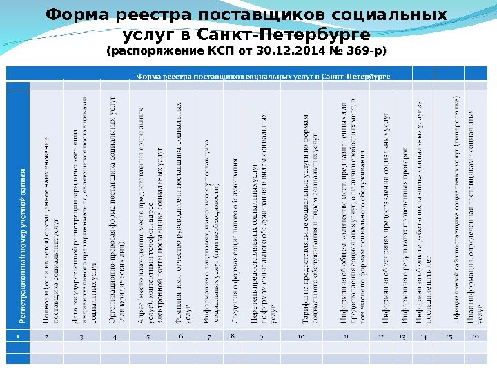 Форма реестра поставщиков социальных услуг в Санкт-Петербурге (распоряжение КСП от 30. 12. 2014 № 369 -р)