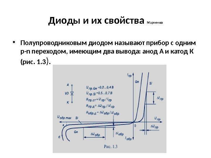 Диоды и их свойства Марченко • Полупроводниковым диодом называют прибор с одним р- n переходом, имеющим