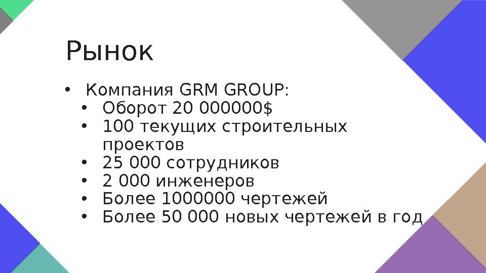  • Компания GRM GROUP:  • Оборот 20 000000$ • 100 текущих строительных