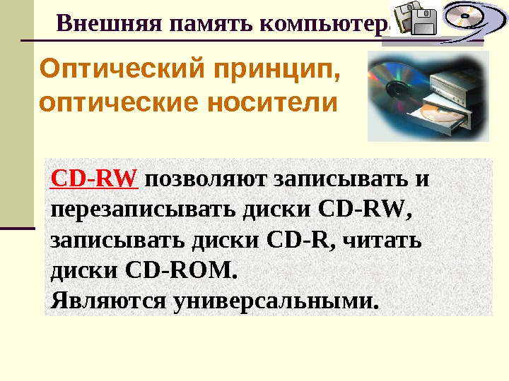 Внешняя память компьютера Оптический принцип,  оптические носители CD-RW позволяют записывать и перезаписывать диски