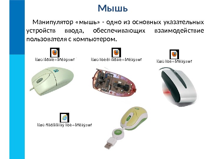 Мышь Манипулятор  «мышь»  - одно из основных указательных устройств ввода,  обеспечивающих