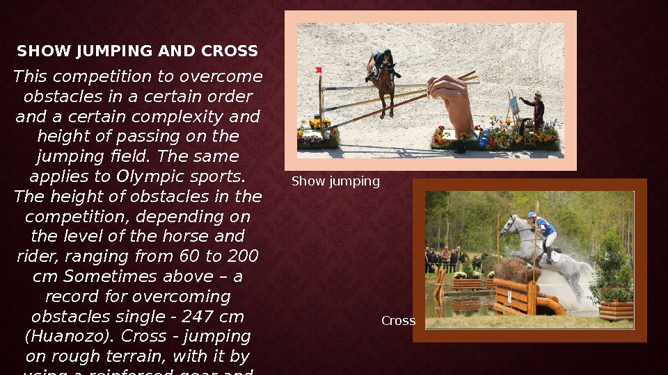SHOW JUMPING AND CROSS This competition to overcome obstacles in a certain order and