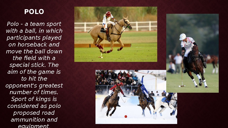 POLO Polo - a team sport with a ball, in which participants played on