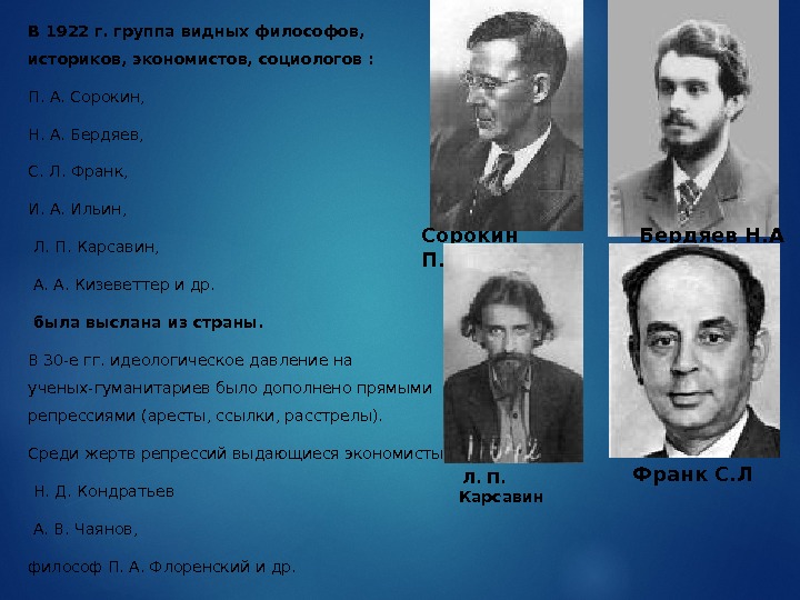 В 1922 г. группа видных философов,  историков, экономистов, социологов : П. А. Сорокин,