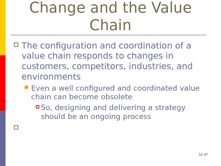 11 - 27 Change and the Value Chain The configuration and coordination of a