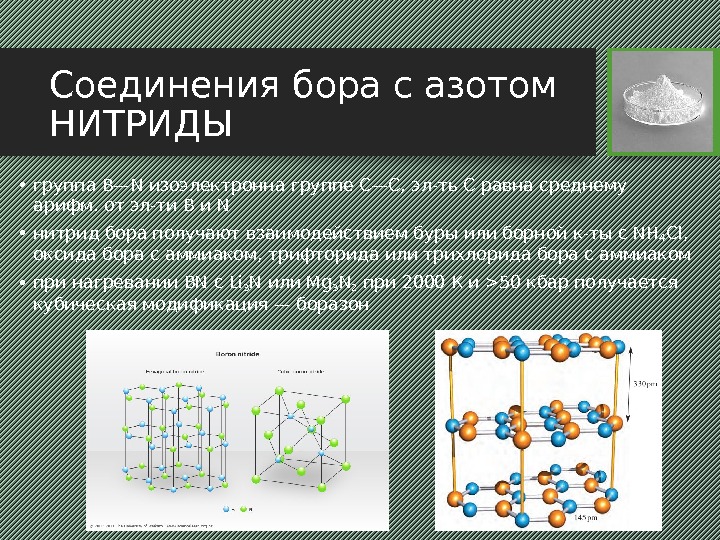 Соединения бора с азотом НИТРИДЫ • группа B—N изоэлектронна группе C—C, эл-ть С равна