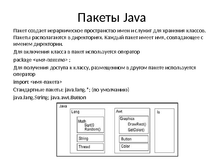 Пакеты Java Пакет создает иерархическое пространство имен и служит для хранения классов.  Пакеты
