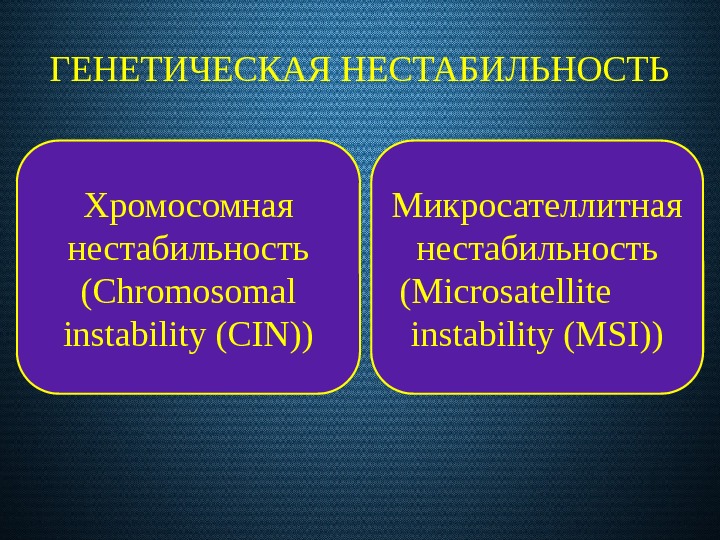 ГЕНЕТИЧЕСКАЯ НЕСТАБИЛЬНОСТЬ Хромосомная нестабильность (Chromosomal instability (CIN)) Микросателлитная нестабильность (Miсrosatellite   instability (MSI))