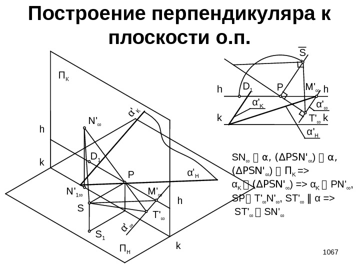 α' ∞α'∞ h h 1067 Построение перпендикуляра к плоскости о. п. П НП К