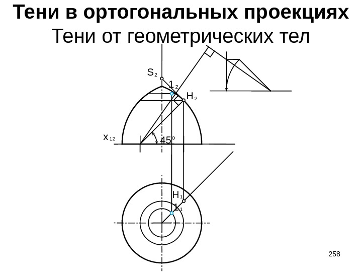 Тени в ортогональных проекциях Тени от геометрических тел 12 x 11 21 45° 2582