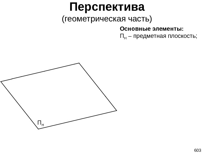 Перспектива (геометрическая часть) 603 Основные элементы: П Н – предметная плоскость; П Н 