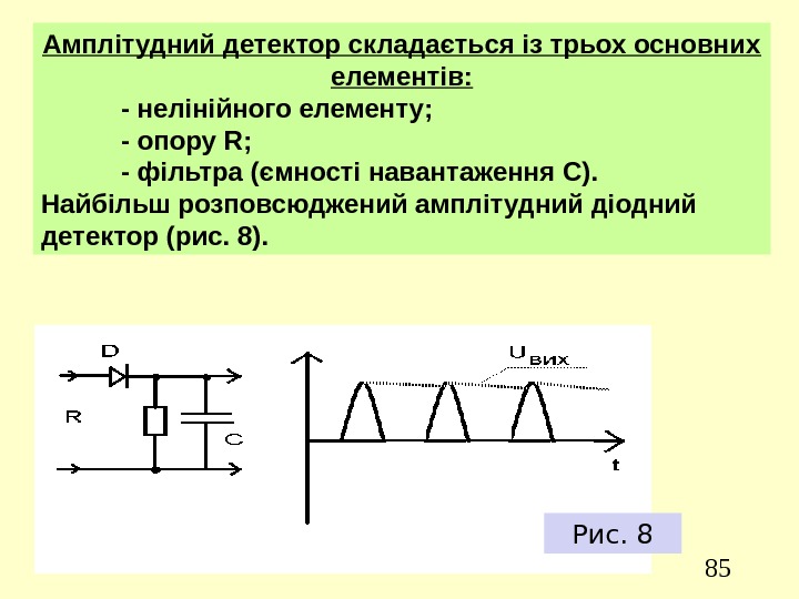85 Амплітудний детектор складається із трьох основних елементів: - нелінійного елементу ;  -