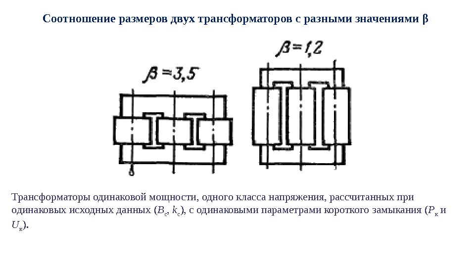 Соотношение размеров двух трансформаторов с разными значениями β Трансформаторы одинаковой мощности, одного класса напряжения,