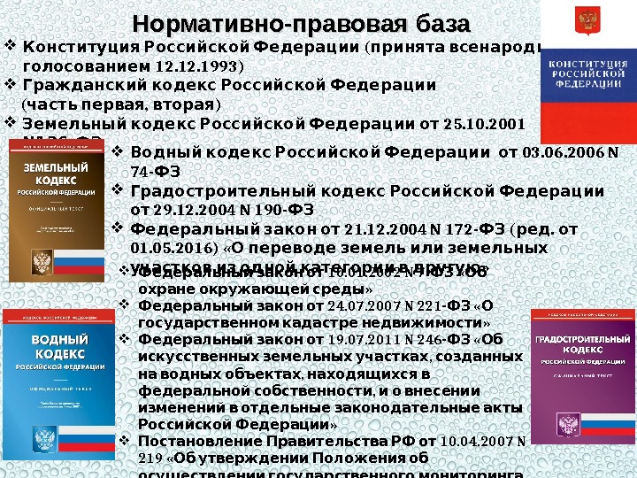 Нормативно-правовая база  (  Конституция Российской Федерации принята всенародным 12. 1993) голосованием 