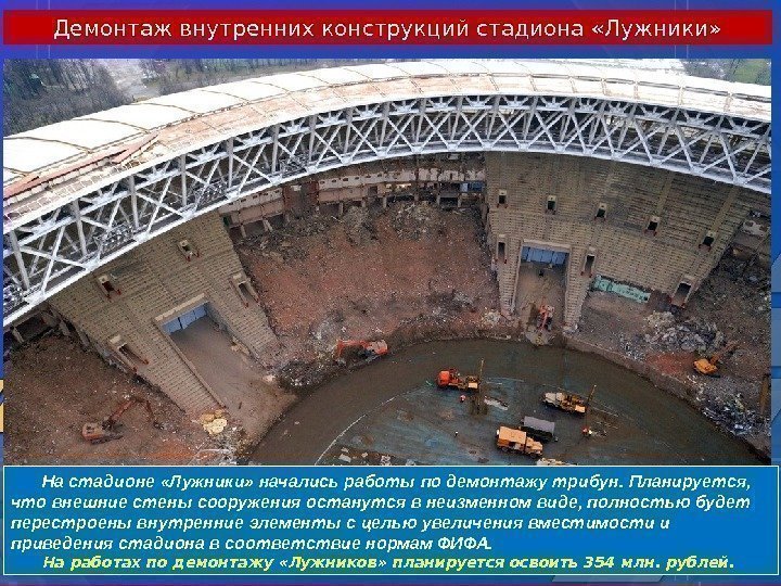 Демонтаж внутренних конструкций стадиона «Лужники» На стадионе «Лужники» начались работы по демонтажу трибун. Планируется,