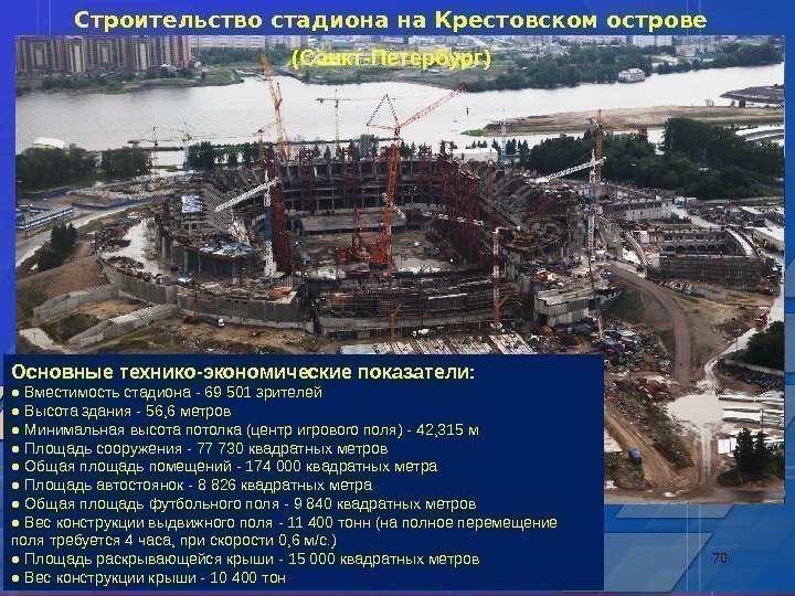 70 Строительство стадиона  Крестовском  острове  (Санкт-Петербург) Основные технико-экономические показатели: ● Вместимость