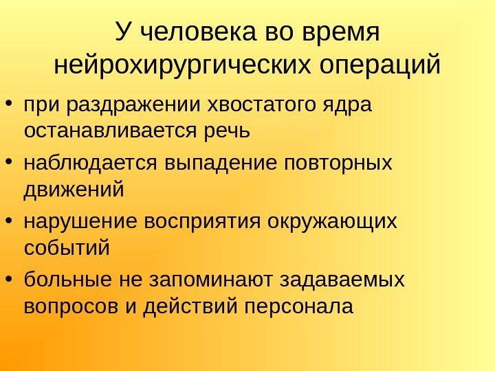 У человека во время нейрохирургических операций • при раздражении хвостатого ядра останавливается речь 