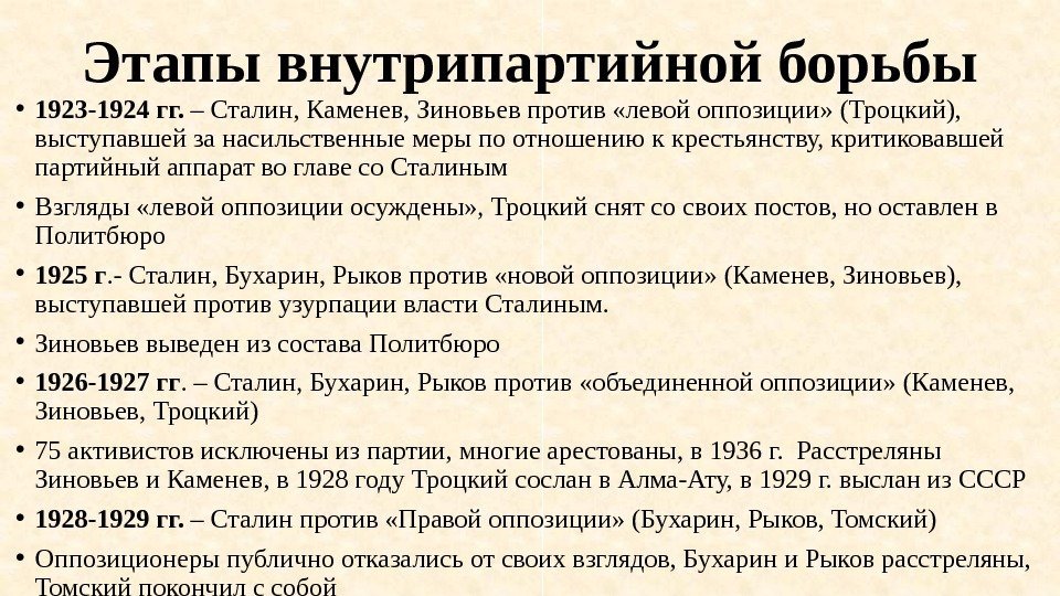 Этапы внутрипартийной борьбы • 1923 -1924 гг.  – Сталин, Каменев, Зиновьев против «левой