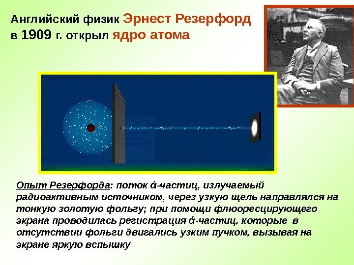 Английский физик Эрнест Резерфорд  в 1909 г. открыл ядро атома Опыт Резерфорда :