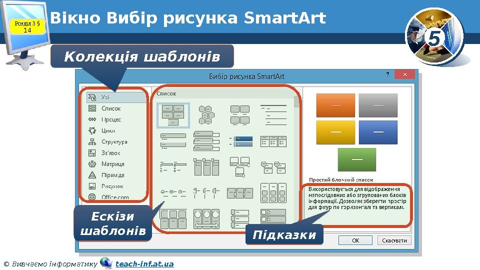5 © Вивчаємо інформатику   teach-inf. at. ua. Вікно Вибір рисунка Smart. Art