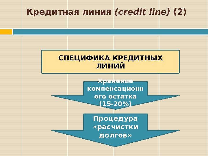 Кредитная линия (credit line) (2) СПЕЦИФИКА КРЕДИТНЫХ ЛИНИЙ Хранение компенсационн ого остатка (15 -20)