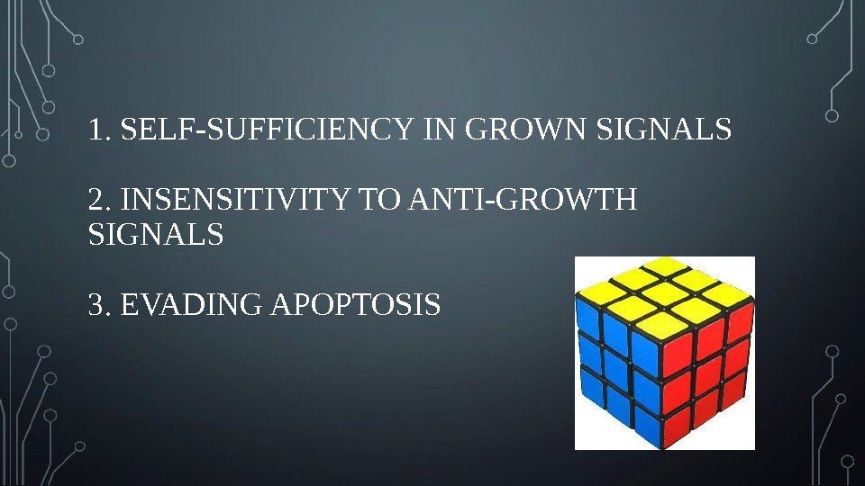 1.  SELF-SUFFICIENCY IN GROWN SIGNALS 2. INSENSITIVITY TO ANTI-GROWTH SIGNALS 3. EVADING APOPTOSIS