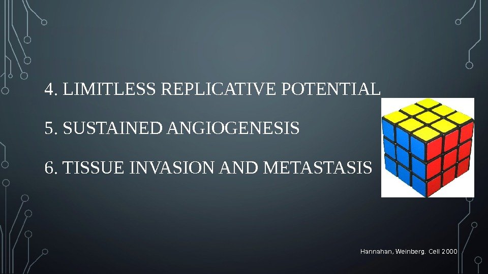 4.  LIMITLESS REPLICATIVE POTENTIAL 5. SUSTAINED ANGIOGENESIS 6.  TISSUE INVASION AND METASTASIS