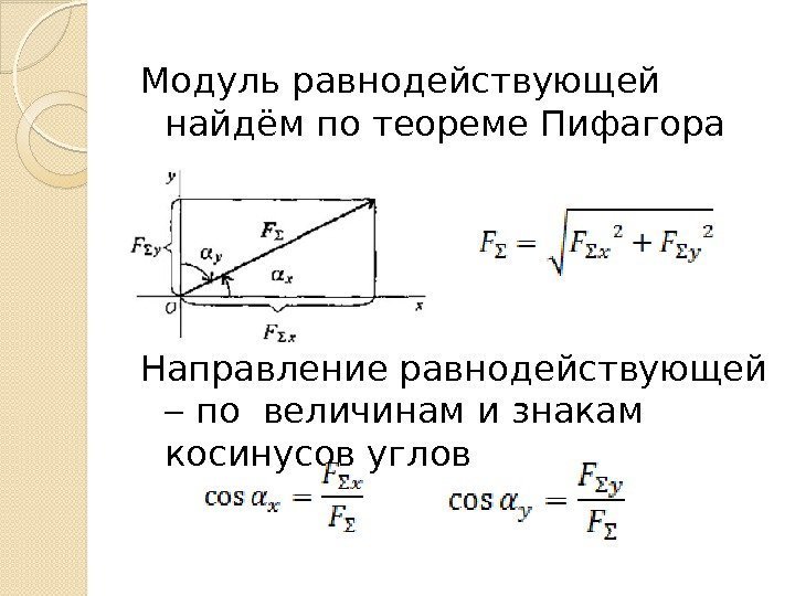 Модуль равнодействующей найдём по теореме Пифагора Направление равнодействующей  по величинам и знакам косинусов