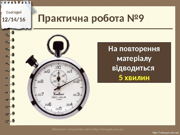 Сьогодні 12/14/16 http: //vsimppt. com. ua/На повторення матеріалу відводиться 5 хвилин. Практична робота №