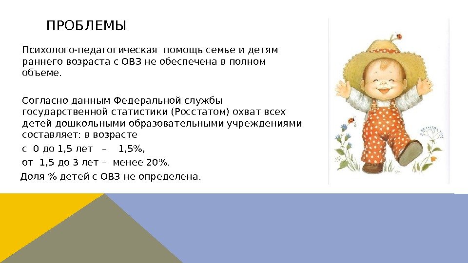 ПРОБЛЕМЫ Психолого-педагогическая помощь семье и детям раннего возраста с ОВЗ не обеспечена в полном