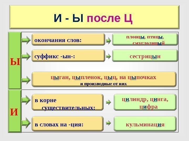 И - Ы после Ц  Ы И окончанияслов:  суффикс-ын-:  ц ы