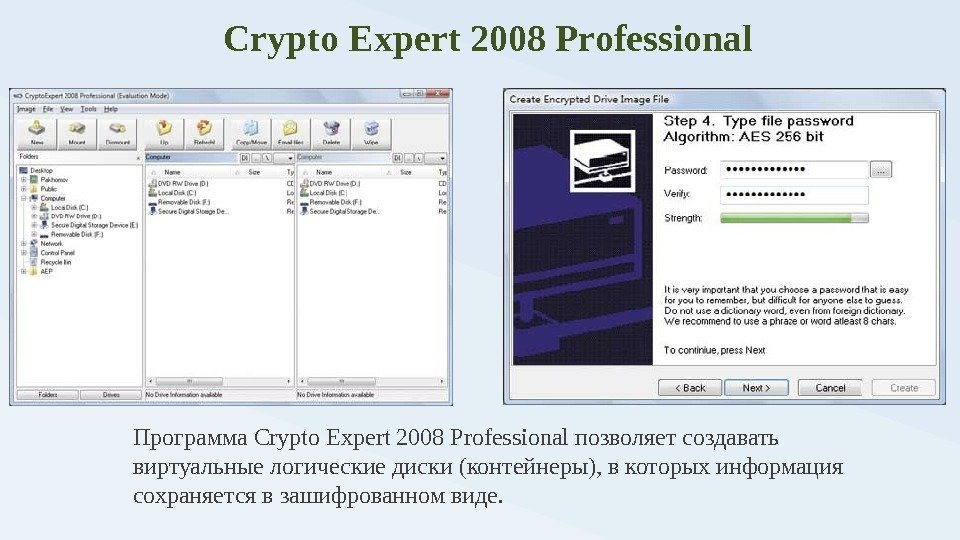 Crypto Expert 2008 Professional Программа Crypto Expert 2008 Professional позволяет создавать виртуальные логические диски